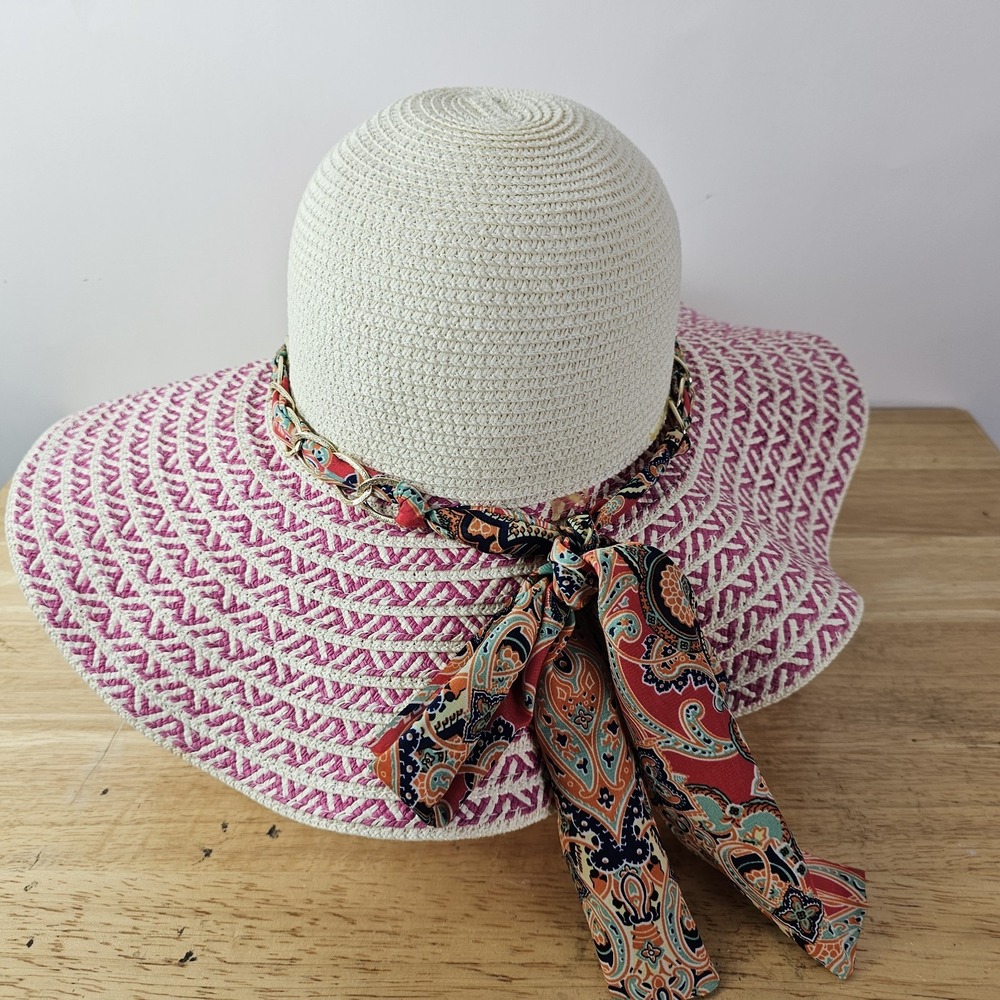 Womens Gold Chain Band Paisley Scarf Boho Straw Beach Sun Panama Hat White Pink